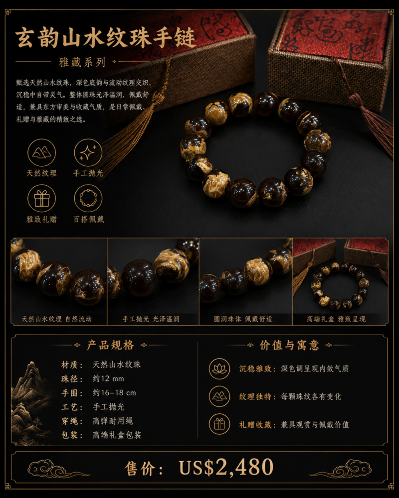 玄韵山水纹珠手链